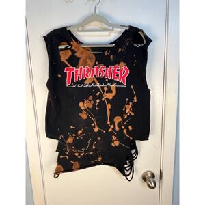 VTG Upcycled Thrasher T-Shirt Medium Black Bleach Distressed Grunge Festival